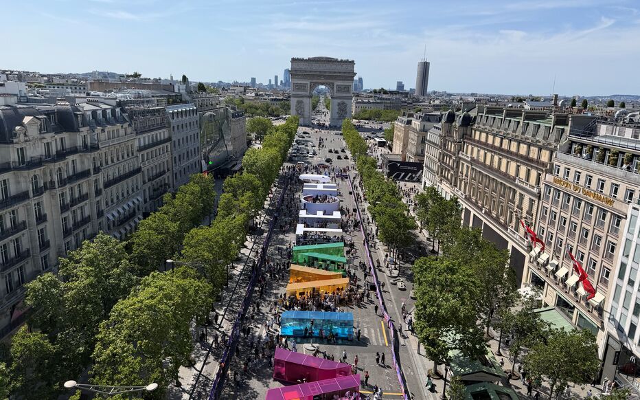 Aerial view of the Champs-Élysées avenue during VivaTech 2026, with the Arc de Triomphe in the background